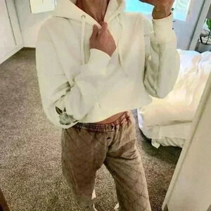 WHITE Paris Cropped Hoodie 100% Cotton Fleece White Rose Embroidery